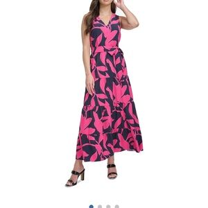 DKNY Pink and Blue Sleeveless V-Neck
Midi Sundress